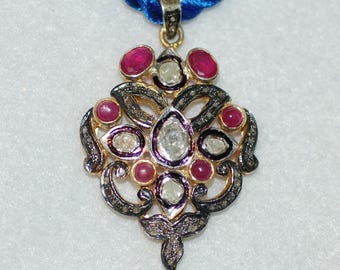 Ruby and Rose Cut Diamonds Scroll Shield Sterling Silver Pendant Necklace