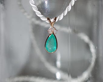 Emerald Teardrop with Diamond Accent 14K Yellow Gold Pendant Necklace