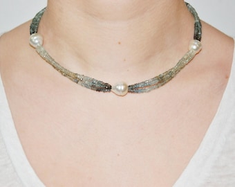 South Sea Pearl and Moss Aquamarine Ribbon Multi-Strand Boho Necklace