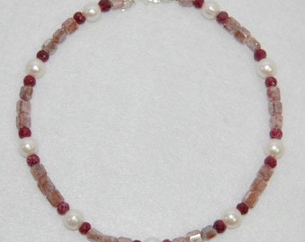 Ruby Beads and Freshwater Pearls Geometric Necklace