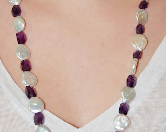 Amethyst and Coin Pearl Long Necklace