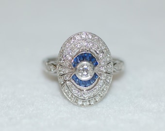 Antique Style Sapphire and Diamond Deco 14K White Gold Ring