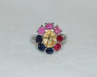 Multi Gemstone Citrine Center Cocktail Sterling Silver Ring