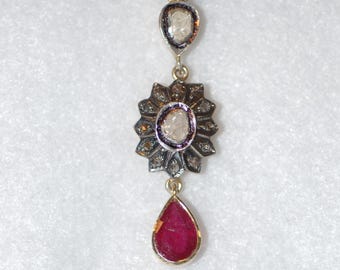 Ruby Drop and Rose Cut Diamond Sunburst Heirloom Necklace
