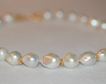 Baroque White Pearls and Bali Beads Sterling Silver Necklace