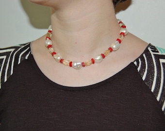 Baroque Pearl Choker, Coral and Citrine Necklace