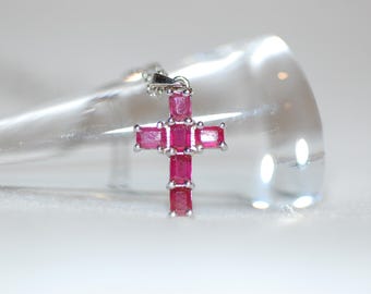 Emerald Cut Rubies Silver Cross Pendant Necklace