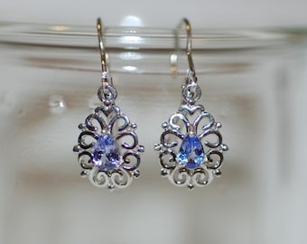 Victorian Style Filigree Tanzanite Sterling Silver Dangel Earrings