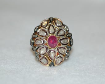 Ruby Cabochon and Rose Cut Diamonds Antique Style Large Shield Sterling Silver Ring