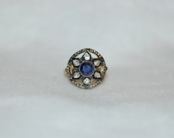 Sapphire and Diamond Starburst Antique Style Ring