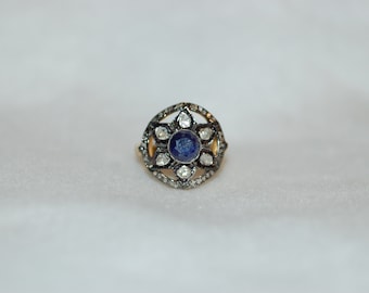 Sapphire and Diamond Starburst Antique Style Ring