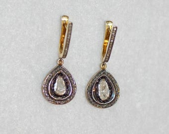 Large Rose Cut Diamond Tear Drop Sterling Silver Earrings
