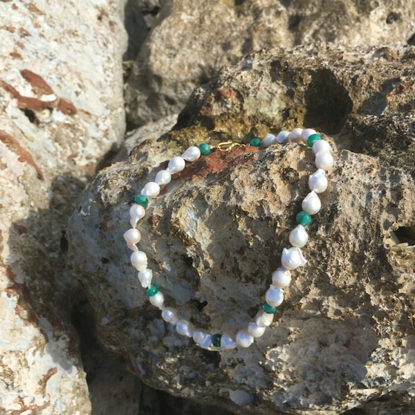 Baroque Freshwater Pearl and Emerald Bead Necklace