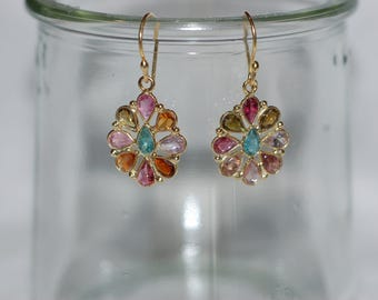Multi Color Gemstone Flower Dangle Earrings