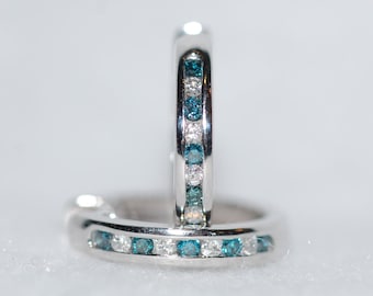 White and Blue Diamonds Dainty Huggie White Gold Hoop Earrings