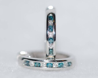 Blue Diamond Huggie Channel Set Hoop Earrings White Gold