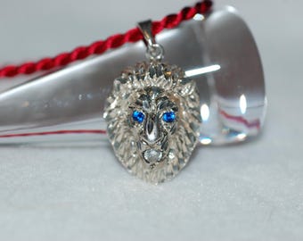 Lion Head with Sapphire Eyes Sterling Silver Pendant Necklace