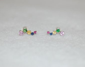 Rainbow Sapphires Gold Wave Earrings