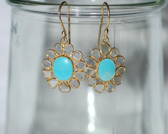 Diamond and Turquoise Stained Glass Dangle Earrings