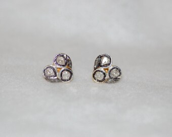 Three Stone Diamond Sterling Silver Dainty Polki Style Stud Earrings