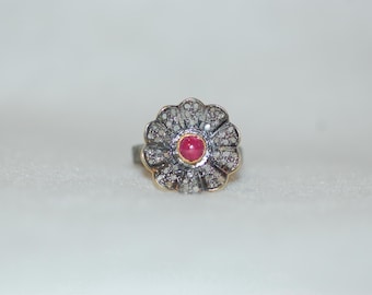 Ruby and Diamond Pave Antique Style Flower Ring