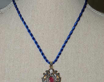 Antique Style Ruby and Rose Cut Diamond Large Scroll Shield Pendant