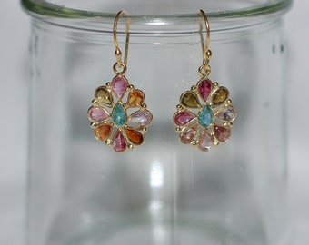 Multi Color Gemstone Flower Hanging Earrings