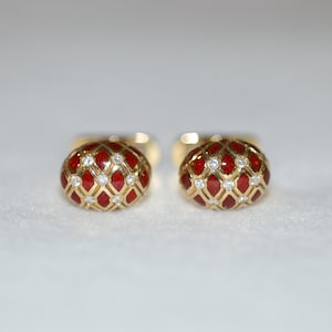Diamond and Red Enamel Criss Cross Gold Cuff Links