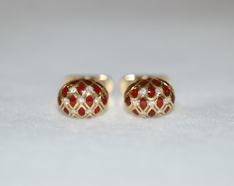 Diamond and Red Enamel Criss Cross Gold Cuff Links