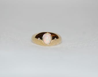 Opal Cabochon and Diamond Signet Silver Ring