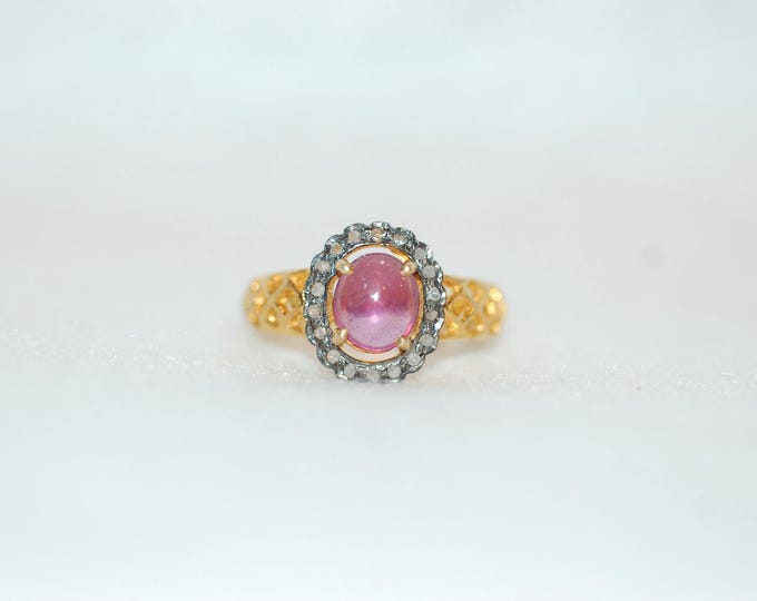 Featured listing image: Ruby Cabochon and Diamond Gilded Age Filigree Silver Ring