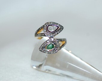 Diamond and Emerald Double Snakehead Bypass Statement Ring