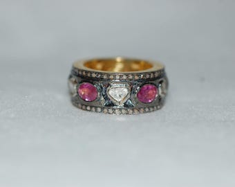 Antique Style Rose Cut Diamonds and Pink Tourmaline Eternity Silver Band Ring