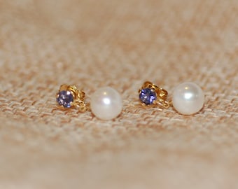 Dainty Pearl and Iolite Hanging Earrings