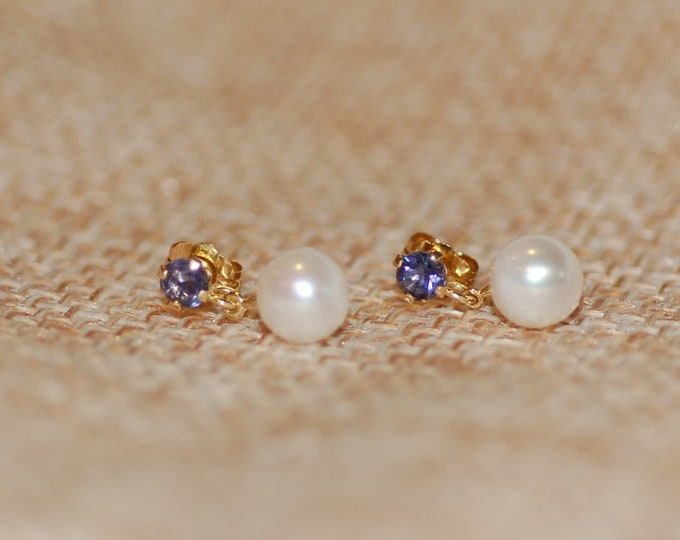 Featured listing image: Dainty Pearl and Iolite Hanging Earrings