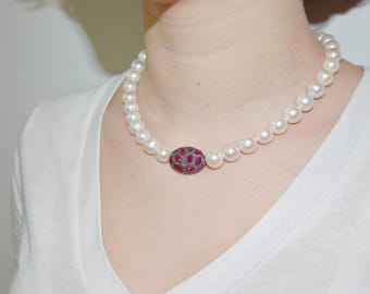 Pearl Ruby and Diamond Oval Bead Silver Necklace