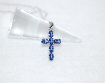 Colorful Faceted Tanzanite Silver Cross Necklace