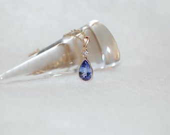 Tanzanite and Diamond Tear Drop 14K Yellow Gold Necklace