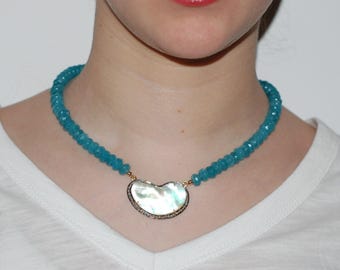 Mother of Pearl and Blue Quartz Crescent Moon Necklace