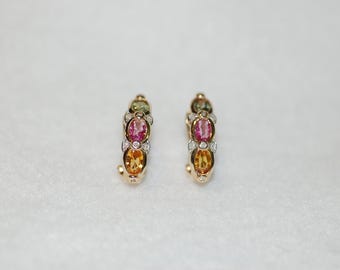 Tourmaline and Diamond J Hoop Gold Earrings