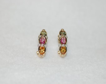Tourmaline and Diamond J Hoop Gold Earrings