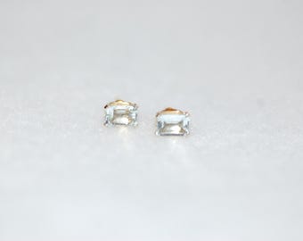 Emerald Cut Light Blue Aquamarine 14K Yellow Gold Stud Earrings