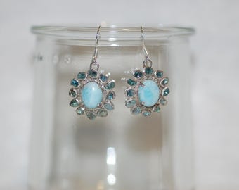 Larimar and Blue Rose Cut Diamonds Flower Dangle Earrings