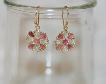 Pastel Aquamarine and Ruby Flower Earrings