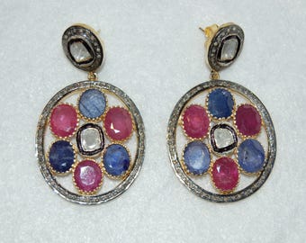 Diamond, Sapphire and Ruby Doorknocker Earrings