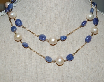 Tanzanite and Pearl Tin Cup Long Necklace
