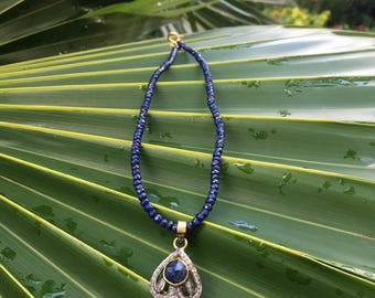 Art Nouveau Style Diamond and Fancy Sapphire Bead Petal Sterling Silver Necklace