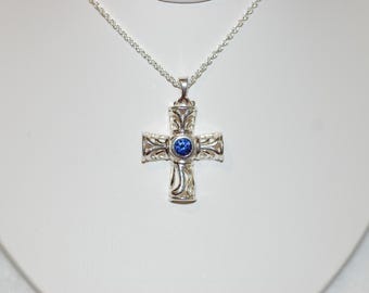 Tanzanite Cross Necklace, Filigree Sterling Silver with Rhodium Plating