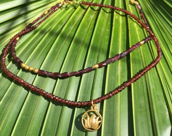 Lotus Pendant and Garnet Beads Necklace Silver