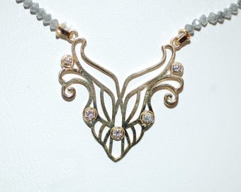 Natural Gray Diamond Beads and Fancy Scroll 10K Yellow Gold Necklace